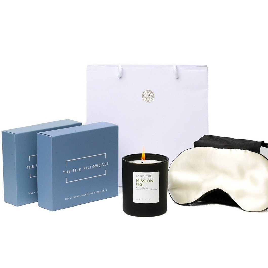 The Works Pair of Silk Pillowcases, Mission Fig Candle, Silk Eye Mask