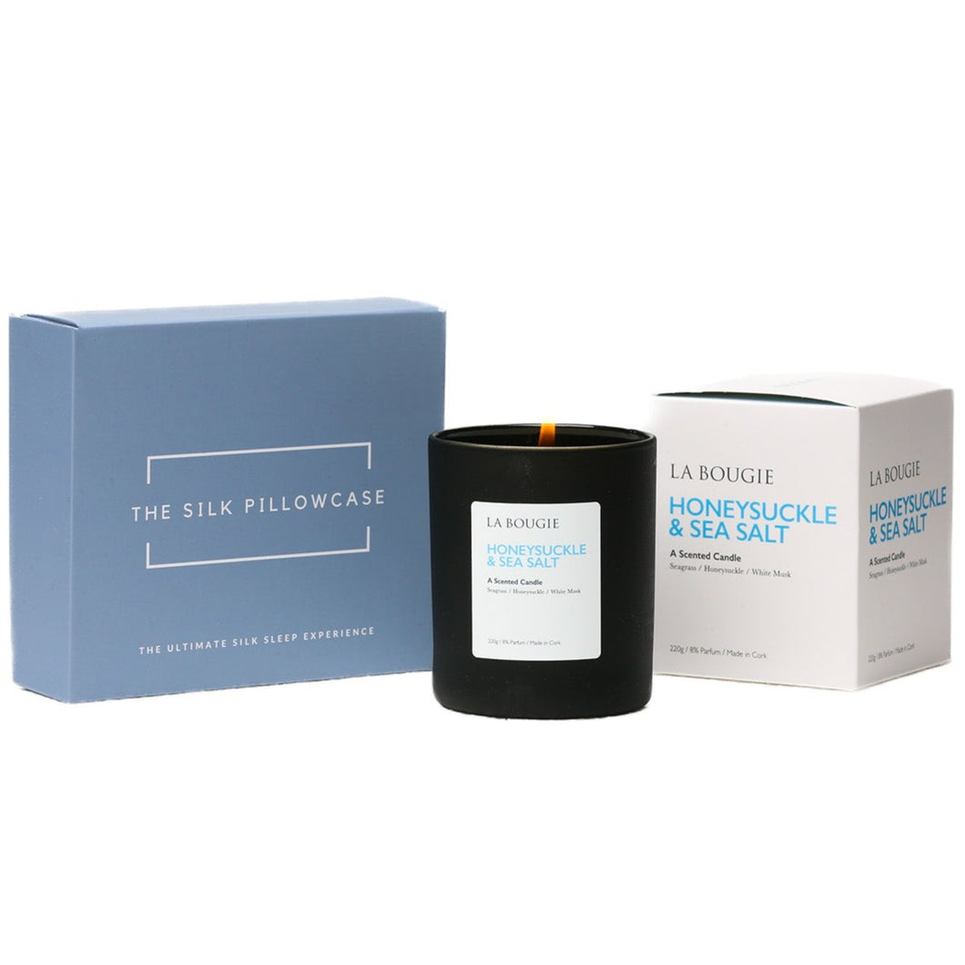Sleep Essentials set: Honeysuckle and Sea Salt Candle, Silk Pillowcase (2pcs)