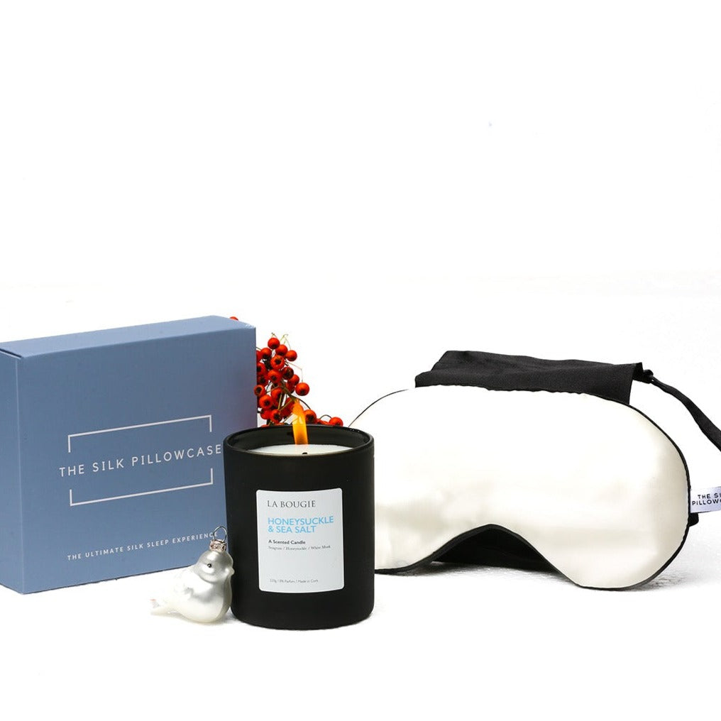 The Dreamland Gift Set: Honeysuckle & Seasalt Candle, Silk Pillowcase and Silk Sleep Mask (3pcs)