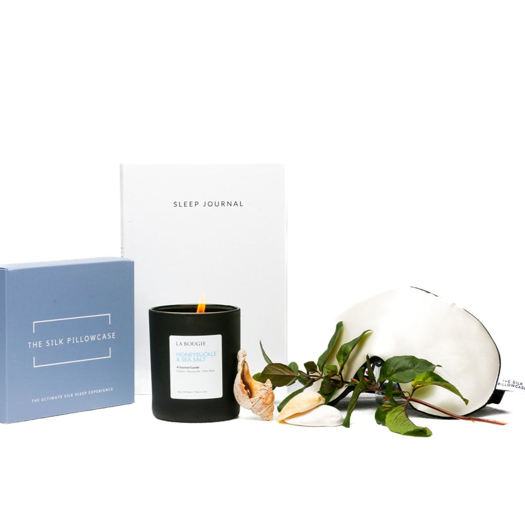 Sleep Journal Gift: Guided Sleep Journal, Silk Eye Mask, Silk Pillowcase and Honeysuckle/Seasalt candle (4pcs)