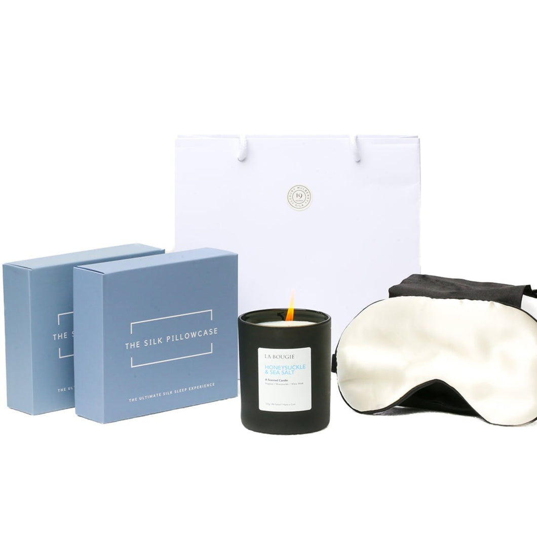 The Works: Pair of Silk Pillowcases, Honeysuckle + Sea Salt Candle, Silk Sleep Mask (4pcs)